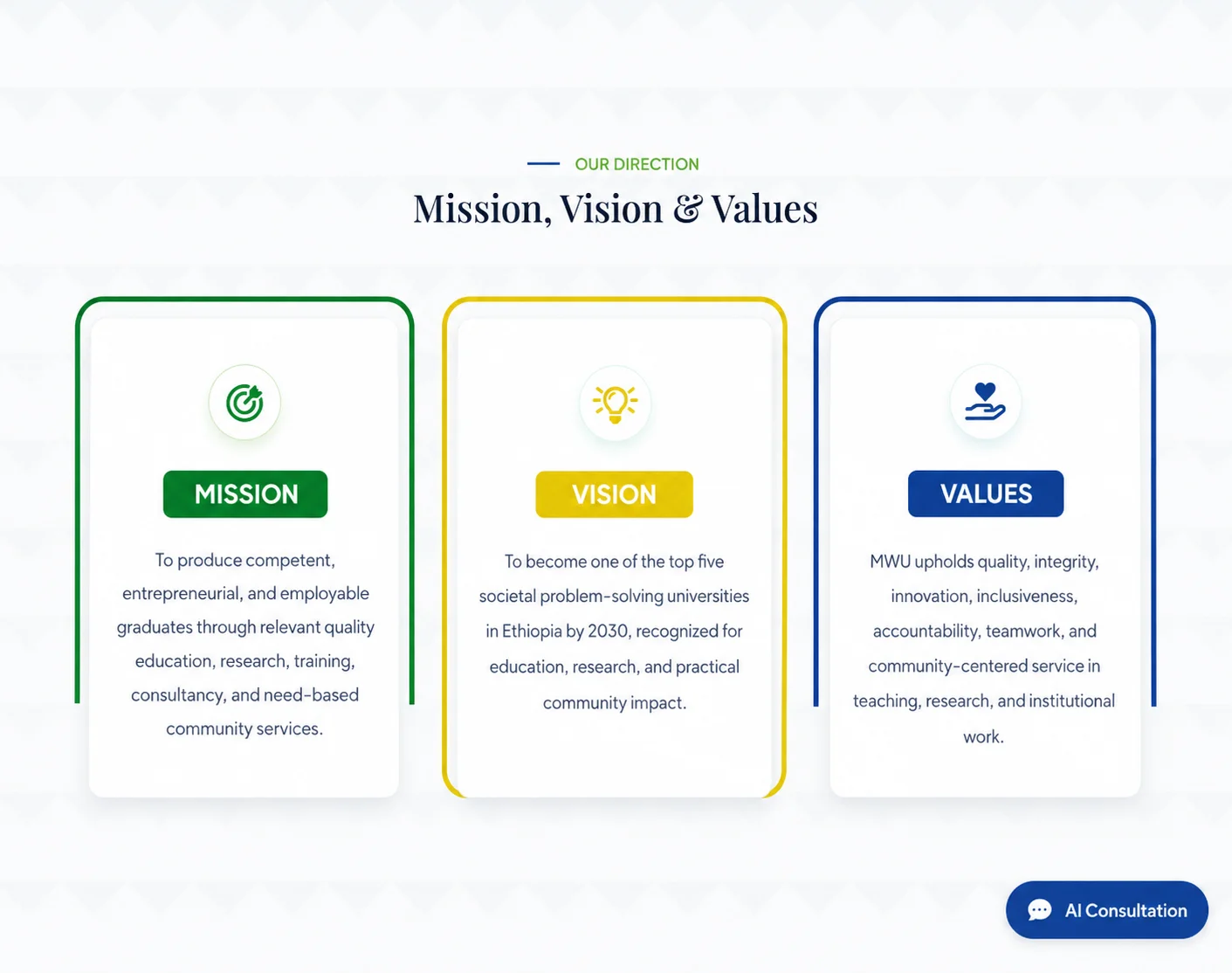 Mission vision and values page of the digital platform